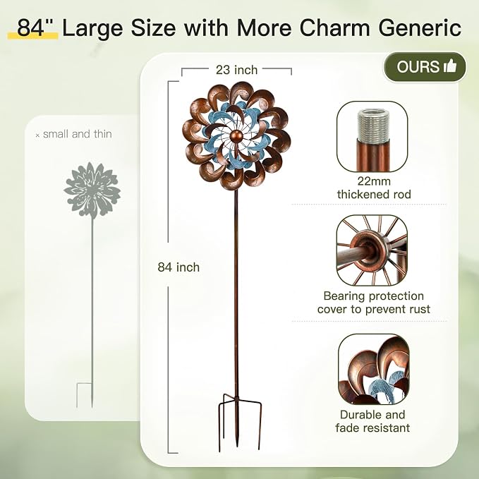 Wind Spinners for Yard and Garden Large, 84 Inch Wind Spinners Outdoor Metal, Wind Sculptures & Spinners Birthday Gifts for Family or Friends(Classical Flower)