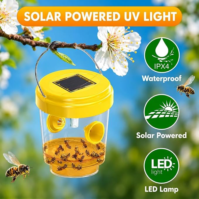 Wasp Traps Outdoor Hanging, Solar Bee Trap for Outside, Reusable Solar Powered Hornet Traps, Bee Wasp Catcher Outside Garden 4 Packs