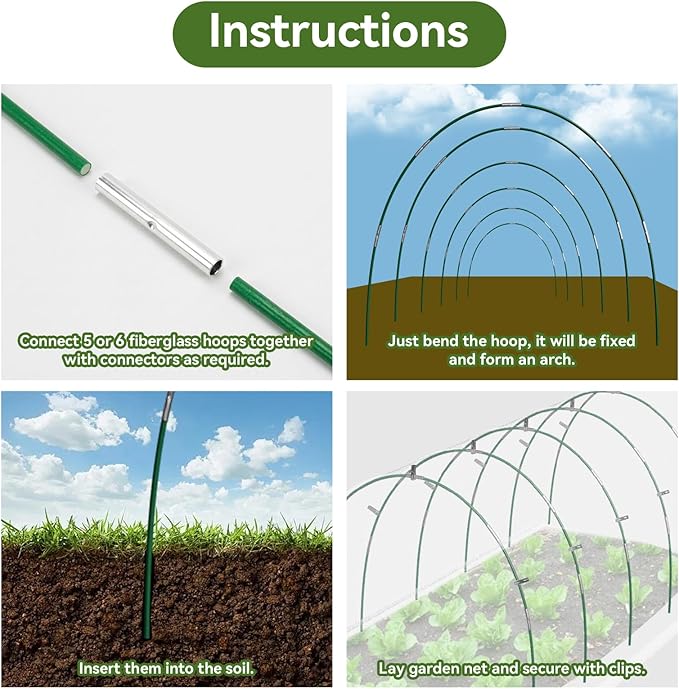 Garden Netting Kit for Raised Beds, 10x50FT Ultra Fine Mesh Netting＆ 6 Sets of 8FT Fiberglass Garden Hoops, Row Cover Insect Netting for Vegetable Plant Fruit Flowers Protection