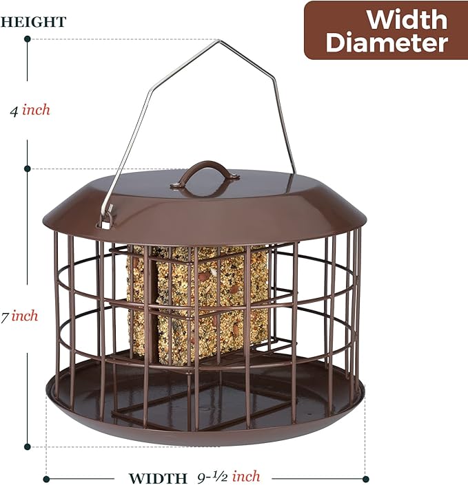 Kingsyard Squirrel Proof Suet Feeder, Cage Bird Feeders for Outdoors Hanging, All Metal, Double Suet Cake Capacity, Tray & Weatherproof, Brown