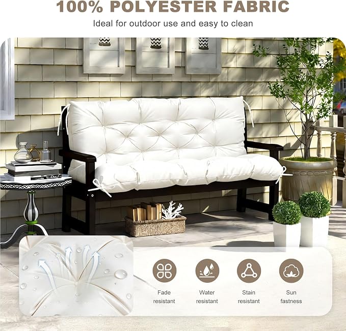 Porch Swing Cushion with Backrest, Waterproof Bench Cushion for Outdoor Furniture, 2-3 Seater Replacement Thickened Swing Cushion with Ties, Patio,Outdoor, Backyard and Garden (Cream,40x40in)