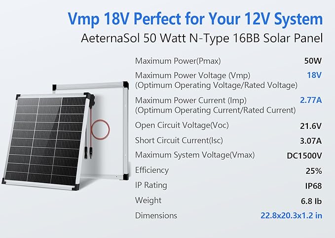 Solar Panels N-Type 16BB 50W Solar Panel, 50 Watt Solar Panel 18V A+ Monocrystalline Cell 25% High Efficiency, for RV Van Marine Home Rooftop Off-Grid Systems (22.8" x 20.3", Single Silver)