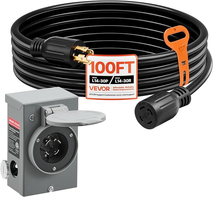VEVOR 30 Amp Generator Cord and Power Inlet Box, 100 FT, 125/250V NEMA L14-30P to L14-30R Heavy Duty Extension Power Cord, SJTW 10AWG 7500W, Pre-Drilled Inlet Box, for Generator to House, ETL Listed