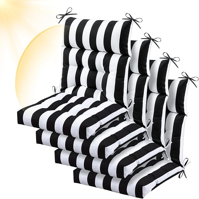 Sintuff 4 Pcs 44 x 21 x 4 Patio Chair Cushions Outdoor Chair Cushion Seat/Back Tufted Pillow with Ties Water Resistant Replacement Indoor Patio Furniture Outdoor Furniture (Stripe,Black,White)