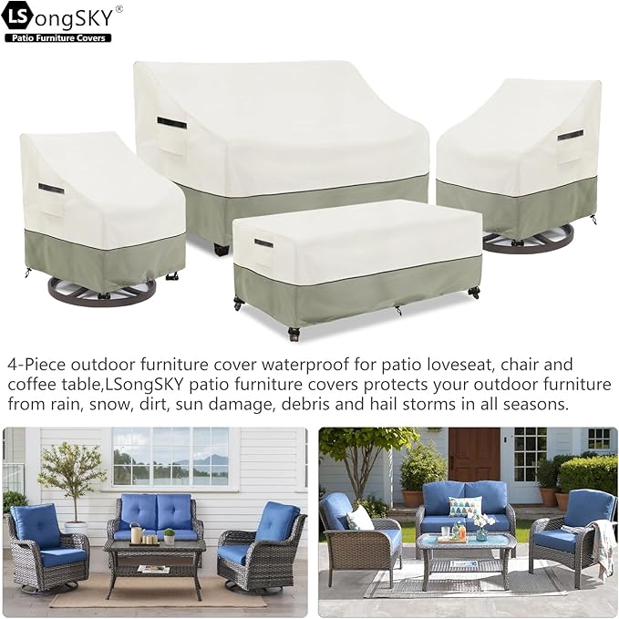 Patio Furniture Covers 4 Piece Set, 600d Heavy Duty Outdoor Furniture Covers Waterproof for Patio Loveseat, Swivel Rocker Chair and Coffee Table,White&Grayish Green
