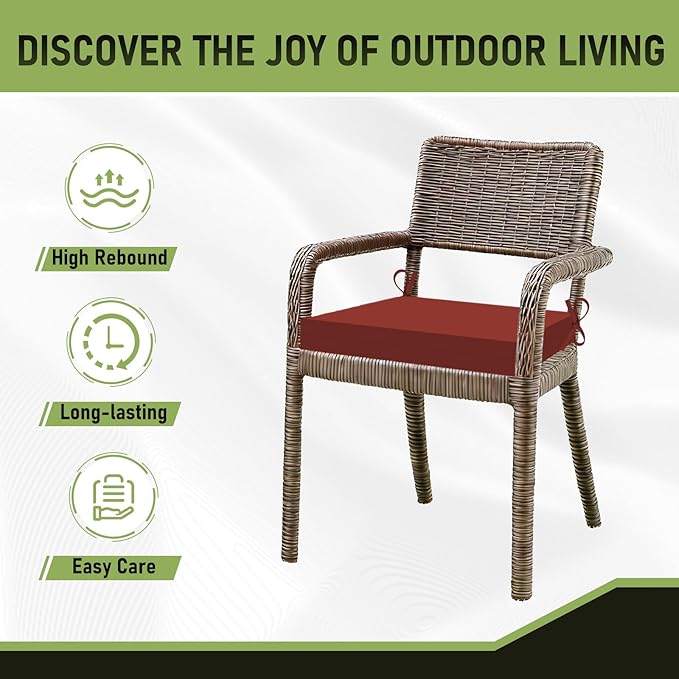 Basic Beyond Outdoor Chair Cushions Set of 4, Square Corner Outdoor Cushions for Patio Furniture, Water Resistant Patio Chair Cushions with 2 Ties, 18.5x16x3, Brick Red