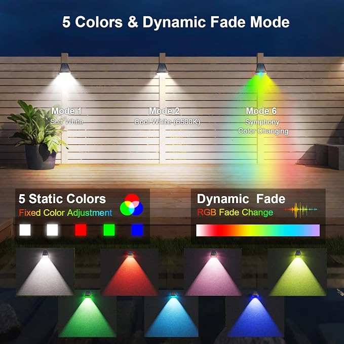 Solar Lights Outdoor Waterproof, 6-Mode RGBW Color Changing, Father's Day 4th of July Decor Gift, 90° Adjustable, Auto On/Off for Fence, Patio, Garden, Yard, Pathway, Porch (4-Pack)