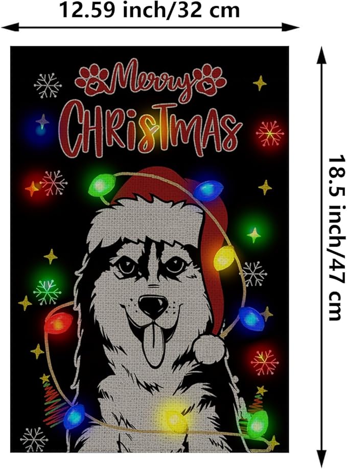 Christmas Dog Garden Flag - Led Husky Christmas Decor for Outside, Welcome Garden Flags Double-Sided Flag for Seasonal Christmas Winter Farmhouse Yard Lawn Decoration Gifts 12x18 inches