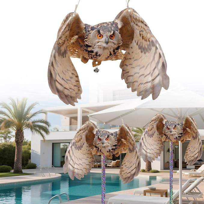 5 Pcs Hanging Fake Owl to Scare Animals Away, Flat Cardboard Fake Owl Keep Pigeon Woodpecker Away, Weatherproof Outdoor Decor for Contryard Patio Backyard Front Porch Balcony Orchard Windows