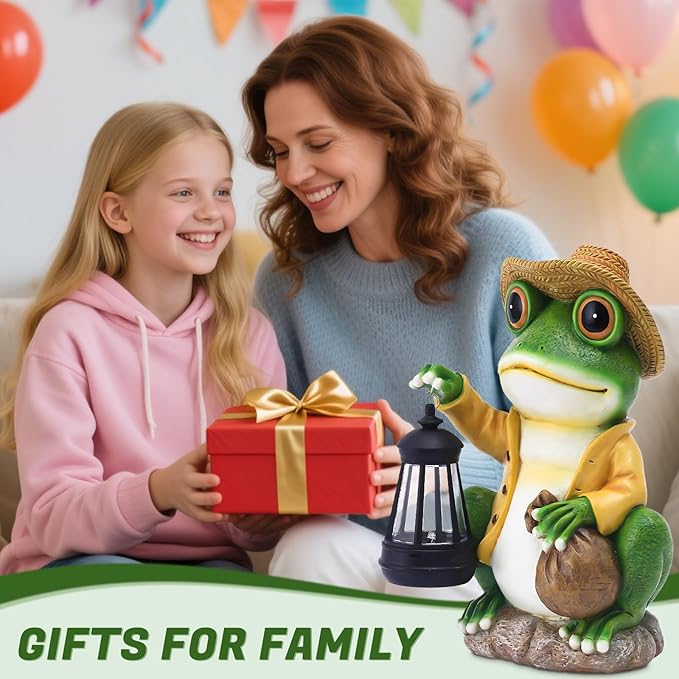 Pohabery Large Frog Garden Statue, 13.3 Inches Tall, Resin Frog Decor with Solar Lantern for Outdoor Decoration and Housewarming
