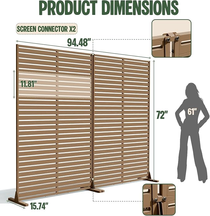 Outdoor Privacy Screen 72" Decorative Privacy Fence Set of 2, Air Conditioner Fence, Freestanding Privacy Screens with Stand, Weather-Resistant Patio Divider Panel for Balcony, Backyard,Brown