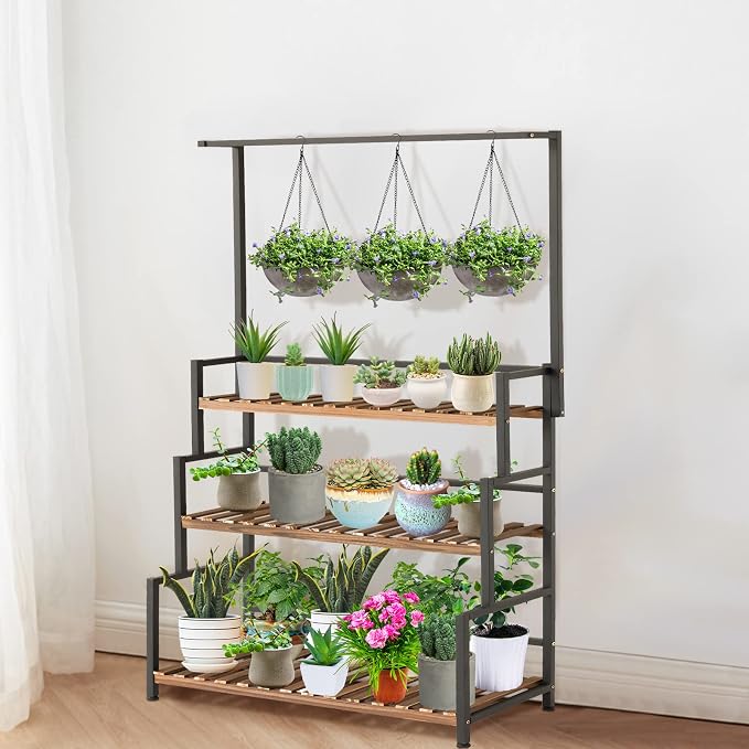 ULIKE Plant Stand Outdoor Indoor Hanging Plant Shelf for Multiple Plants 3 Tier Tall Plant Stand Wood Rack with Metal Frame for Patio Garden Balcony