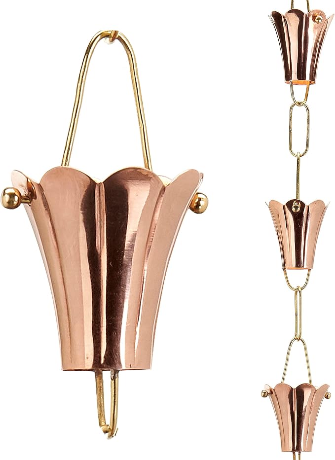 Fluted Flower Pure Copper 8.5 ft. Rain Chain by Good Directions