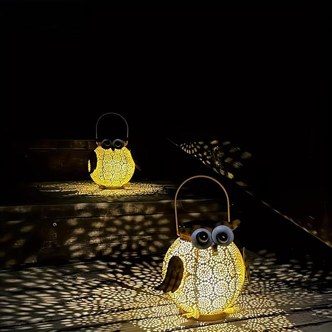 Solar Owl Lights Outdoor Waterproof - Hanging Solar Lanterns for Garden, Patio, Yard, Pathway - Vintage Metal Owl Solar Garden Lights, Outdoor Hanging Solar Lights for Outside Decor (1 Pack, Yellow)