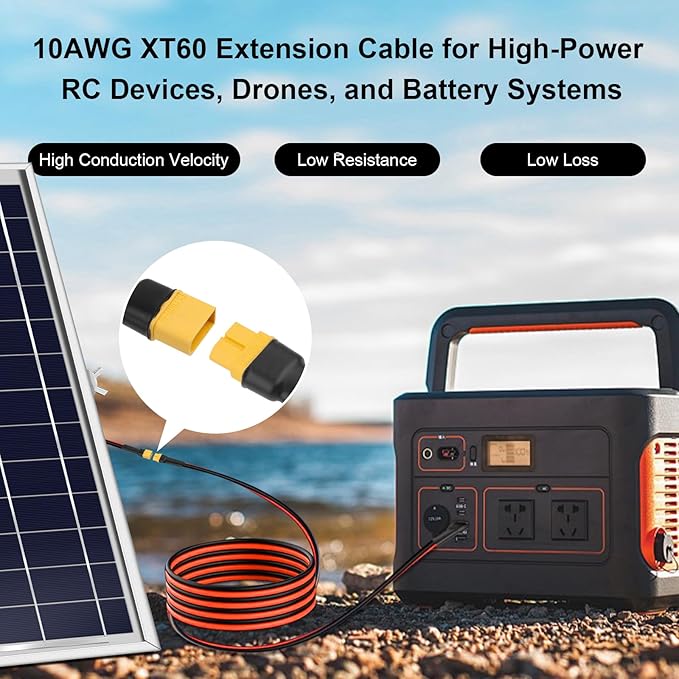 XT60 Extension Cable 1FT 2PCS, 10AWG Tinned Copper Wire with XT60 Male to Female Connectors, Heavy-Duty Power Cord for RC Models, Drone, and Solar Applications