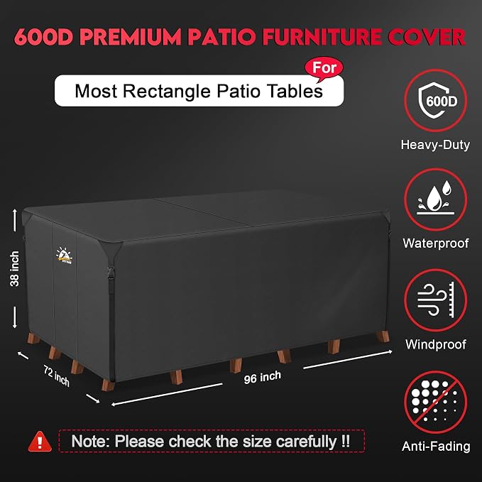 Zettum Patio Furniture Cover Rectangle - 600D Outdoor Table Cover Waterproof & Heavy Duty, Lawn Furniture Set Covers for Outside Rectangular Dining Table and Chairs Seating Combo - 96 x 72 x 38 Inch