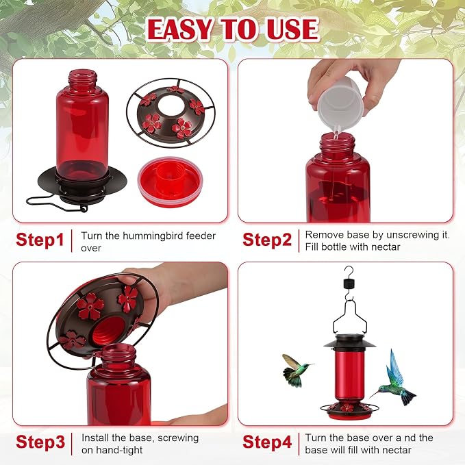 TANSOREN Solar Hummingbird Feeder for Outdoors Hanging Glass 21 Ounce with 5 Bee Guard Feeding Ports and Ant Moat, Leak-Proof, Red