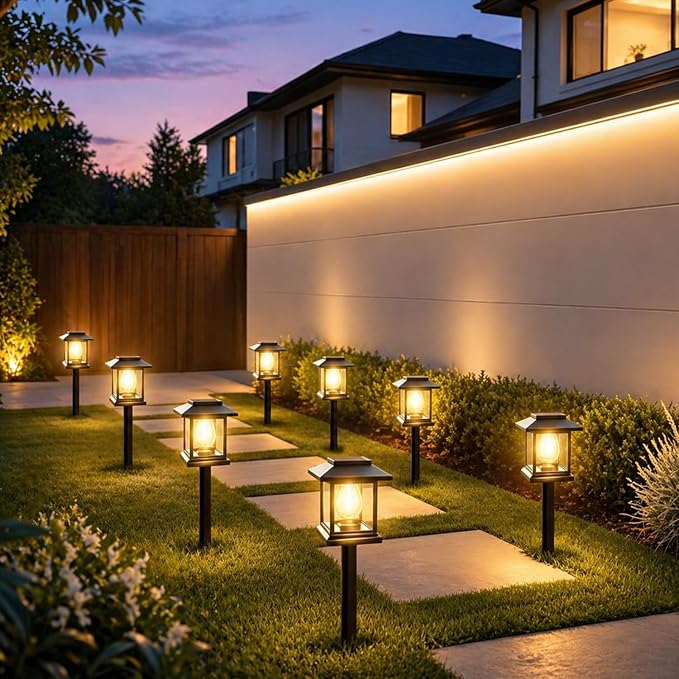 8-Pack Solar Pathway Lights - High-Efficiency Polycrystalline Panels for All-Night Glow - IP65 Waterproof Outdoor Landscape Lighting for Garden, Walkway & Driveway Security (Black)