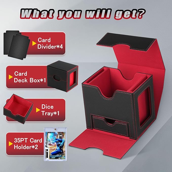 Card Deck Box for MTG with Commander Display Fits 100 Double-Sleeved Cards, Deck Case for EDH/TCG/Sports Cards with 2 Magnetic Card Holders (Black Red)