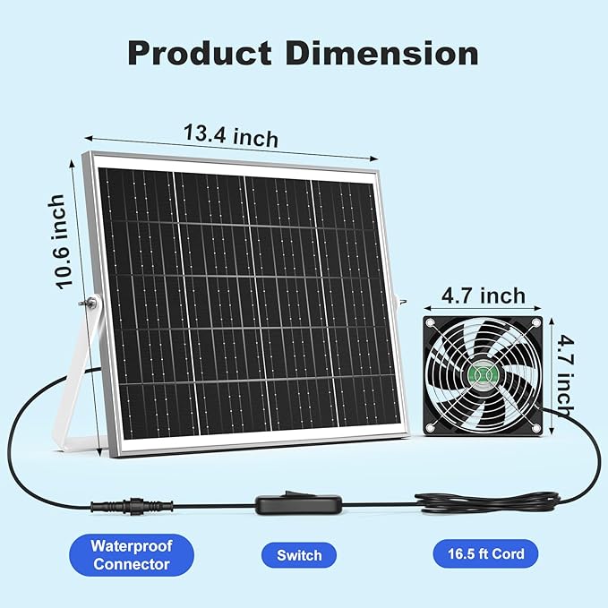 Solar Chicken Coop Fan 3 Kit, 25W Solar Powered Greenhouse Fan Outdoor Waterproof, Solar Exhaust & Intake Fans, Strong Airflow for Outside Shed Dog House Air Circulation Ventilation Cooling