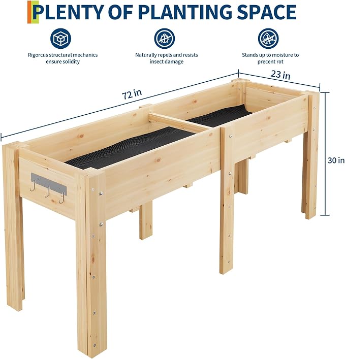 72x 23x30IN Raised Garden Bed Outdoors with High Legs & Hooks, Non-Woven Liner, Elevated Wooden Large Planter Box for Backyard, Patio, Balcony w/Divider Panel, 6 Legs, 300lb Capacity
