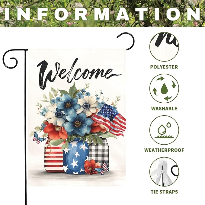 Patriotic Fourth of July Garden Flag Welcome Red White and Blue Mason Jar Flowers Yard Flags American Flag Floral Farmhouse Outdoor for Independence Day Memorial Day Veterans Day 12x18 Inch
