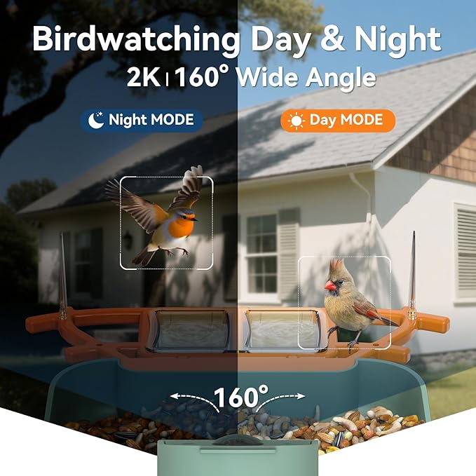 Dual-Lens Bird Feeder with Camera & Bird Bath Combo, Watch Birds Eat & Bathe with WiFi 2K HD Video, Auto Record, AI Recognition, APP Alerts, Solar Powered, for Backyard Garden Porch Fence Decor