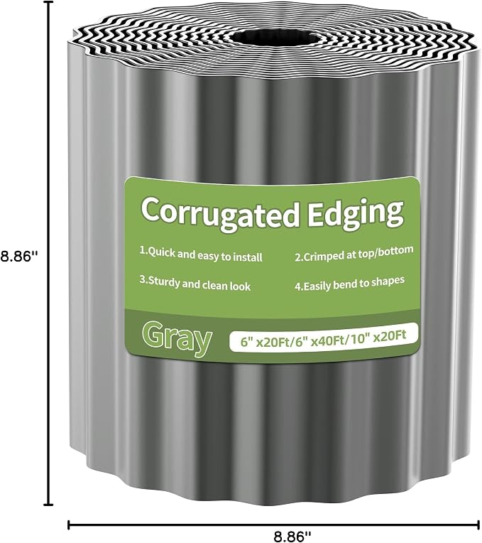 Corrugated Metal Garden Edging, 6"×40Ft Durable Landscape Border for Garden, Lawn, Flower Beds and Paver Edging (Gun Silver)