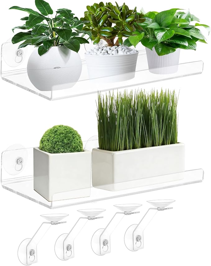 2 Pack 12 Inch Acrylic Window Boxes Plant Shelves, 6 Inch Extra-Wide Windowsill Extender – Features Suction Cups and Support Brackets for Succulents, Herbs, Seed Starting | Indoor/Outdoor Use