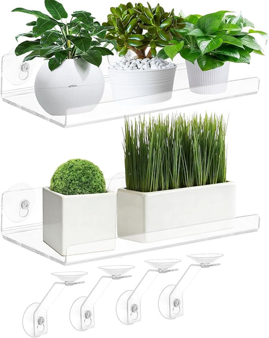 2 Pack 12 Inch Acrylic Window Boxes Plant Shelves, 6 Inch Extra-Wide Windowsill Extender – Features Suction Cups and Support Brackets for Succulents, Herbs, Seed Starting | Indoor/Outdoor Use