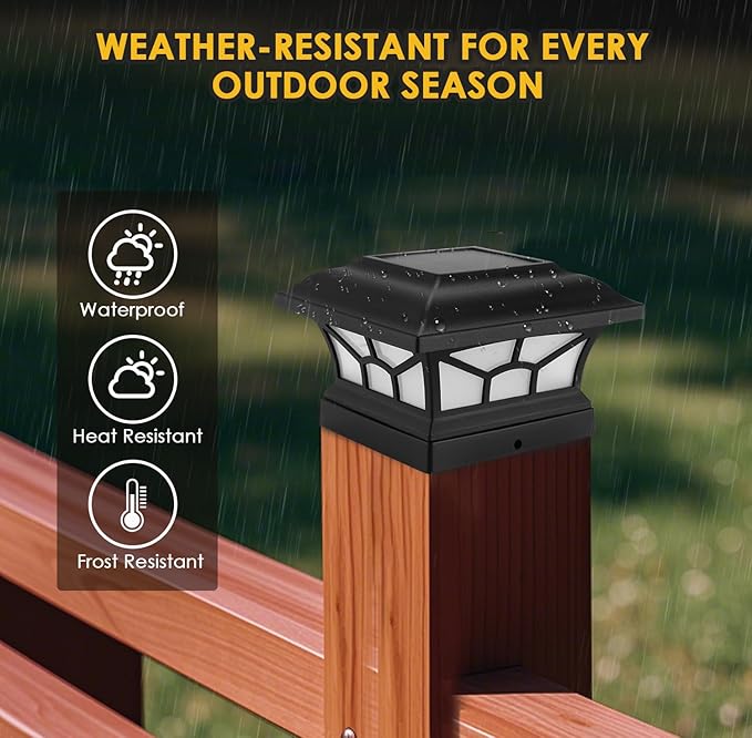 4 Pack Solar Post Cap Lights Outdoor Flickering Flame & Warm White, Fits 4x4 5x5 6x6 Wooden or Vinyl Posts, Waterproof Solar Fence Deck Lights for Yard Garden Patio Decoration.