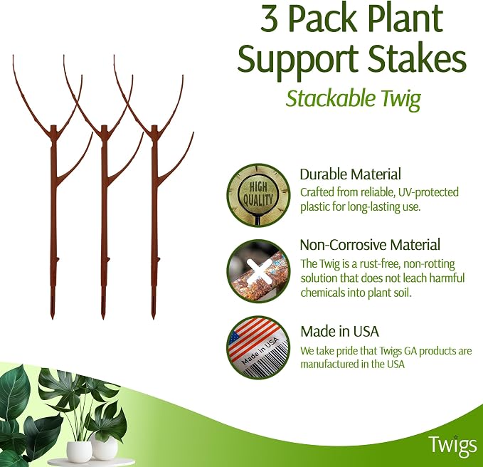 Twigs GA - Stackable Plant Support Stakes, Indoor & Outdoor Houseplant Stem Support, Garden Accessories, Durable Trellis Alternative for Climbing & Potted Plants - Begonia Red, 3 Pack, 17" L