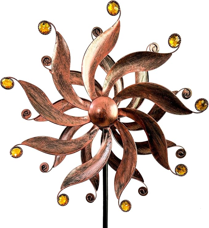 Wind Spinners Outdoor, Willow Leaf Double-Sided 360° Kinetic Wind Spinner with Acrylic Beads and Stake, Metal Garden Yard Decor (13.3" Dia x 54" H)