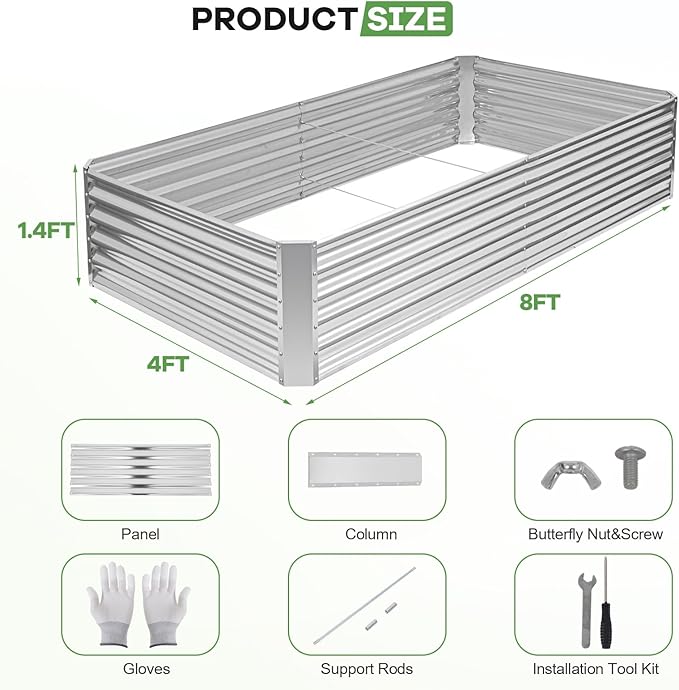 Galvanized Raised Garden Bed Kits, Metal Planter Box Outdoor, 8x4x1.4ft Rectangular Steel Planter Bed for Vegetables, Fruits, Flowers, Herbs(Silver)