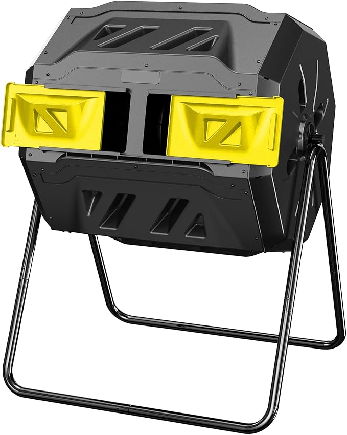 Compost Bin Outdoor, 43-Gal Dual Chamber with Steel Frame, Lagre Compost Tumbler with 2 Sliding Door and Aeration System, 360° Rotating, Tumbling Composter Bin for Kitchen, Garden, Yard, Black Yellow