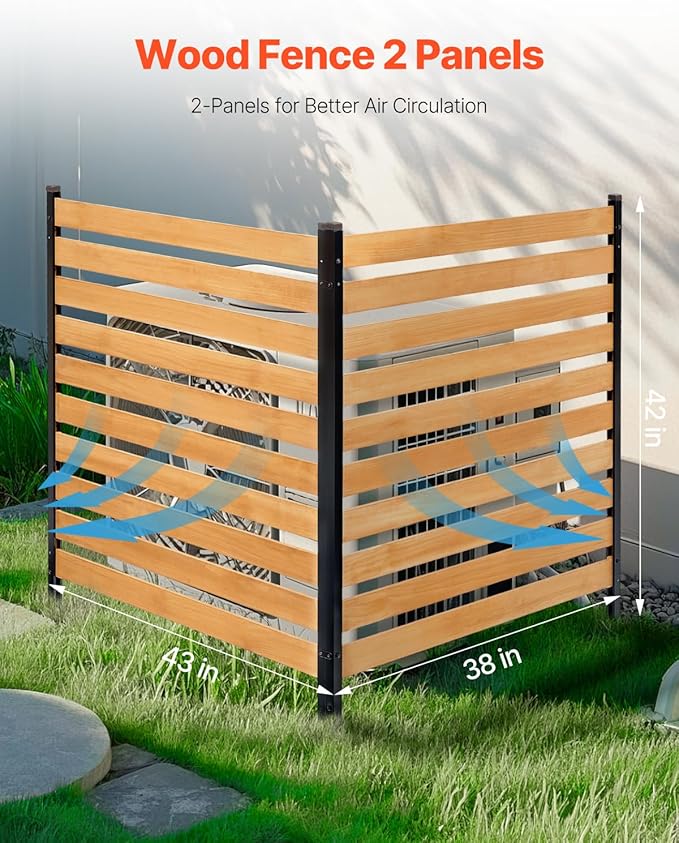 VEVOR Wood Privacy Fence, 38" W x 42" L, 2-Panel Slatted Air Conditioner Fence Screen, Pool Equipment Enclosure with Metal Stakes, Easy DIY Installation, Outdoor Trash Can Hider for Garden Decoration