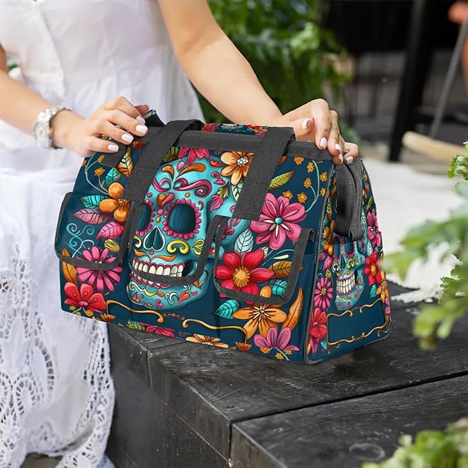 15 Inch Tool Bag 14-Pockets Tool Box Organizer for Men Flowers Skull Tool Tote Bag Waterproof Toolbox with Shoulder Strap Heavy Duty Garden Tool Organizer for Mechanic