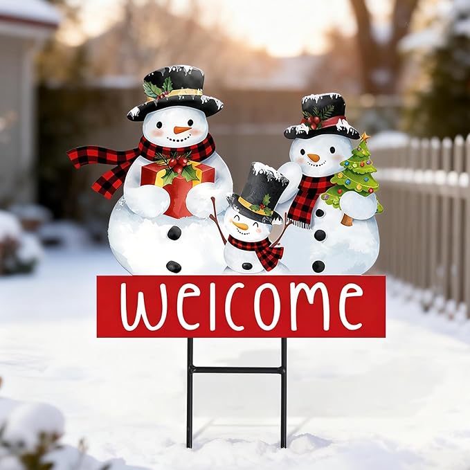 Whaline Christmas Metal Garden Stake Welcome Yard Sign Watercolor Snowman Family Decorative Lawn Sign for Winter Xmas Holiday Home Outside Lawn Porch Walkway Decor