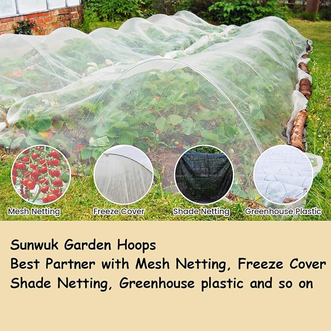 Garden Hoops with Mesh Netting, Sunwuk Pink Greenhouse Hoops for 2.5-5.5ft Wide Raised Beds, Small Garden Tunnel Hoops for Row Cover, 9 Sets of 5.6ft Long Fiberglass Support Hoops Frame, 36pcs M Size