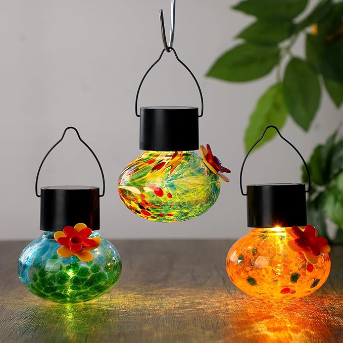 Nuogo 3 Pcs 3.54 Inch Blown Glass Hummingbird Feeders Solar Powered Hummingbird Feeder with LED Light for Garden Outdoors Window Decor Valentine Hanging Gifts Ant and Bee Resistant(Classic Colors)
