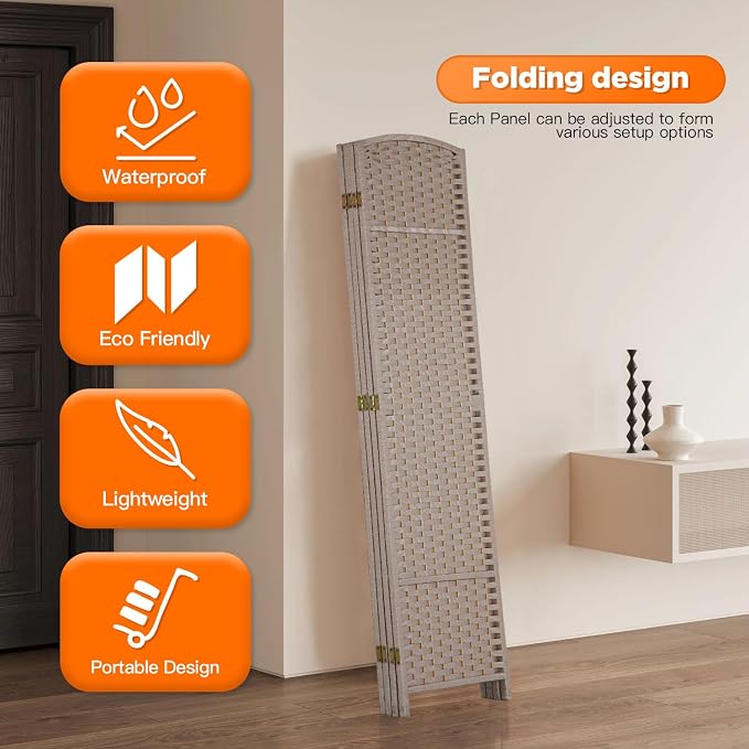 Room Divider 4 Panel Screen 5.6 Ft Tall Partition Room Dividers Beige Privacy Screens Folding Room Separation Free Standing Waterproof Wood Frame Wall Divider