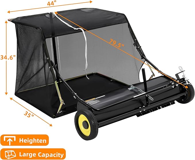 Garvee 44" Tow-Behind Lawn Sweeper – 26 cu.ft. Large-Capacity Pull-Behind Grass & Leaf Collector, Heavy-Duty Adjustable Height, Dumping Rope Design for Easy Debris Disposal, Fits Tractors & ATVs