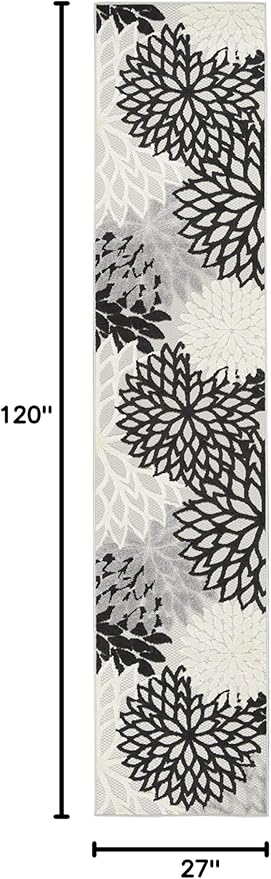 Nourison Home Aloha Indoor/Outdoor Black White 2'3" x 10' Area Rug, Tropical, Botanical, Easy Cleaning, Non Shedding, Bed Room, Living Room, Dining Room, Deck, Backyard, Patio (2x10)
