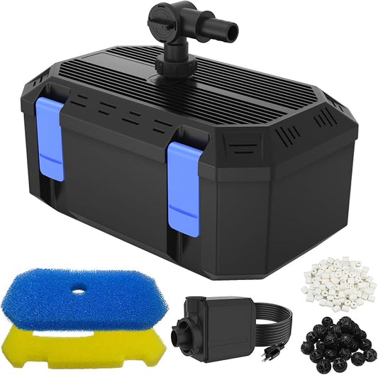 Pond Filter Pump with 4-Stage Filtration System | 25W 400GPH Submersible Pond Pump | Pond Filter Box for 200-350 Gal Outdoor Koi Fish Pond, Garden, Fountain, Waterfall & Water Feature