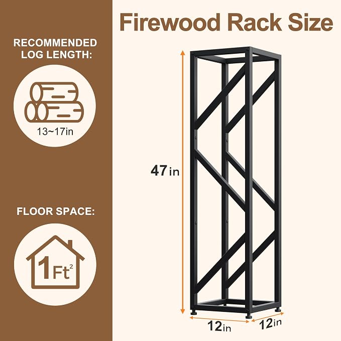 Firewood Rack Indoor 47 Inch Tall, 4-Tier Heavy-Duty Firewood Holder for Fireplace with Minimalist Style, Decorative Log Rack, Flexible Storage, Space-Saving, Easy Assembly, Black