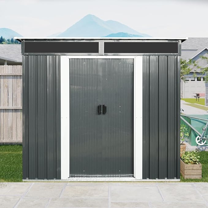 6FT x 5FT Outdoor Storage Shed, Heavy Duty Galvanized Steel Garden Shed with Sloped Roof, Sliding Lockable Doors, Punched Vents & Foundation Kit, Weather Resistant Tool Shed for Backyard, Black+White
