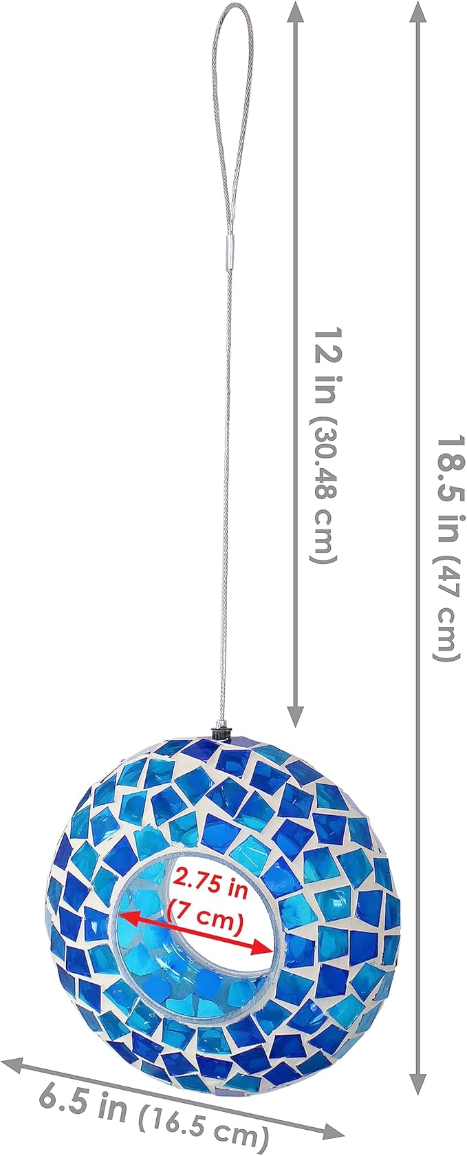 Sunnydaze 6-Inch Glass Mosaic Hanging Bird Feeder for Outdoors - Fly-Through Glass Bird Feeder for Cardinals, Jays, Finches and More - Blue Mosaic
