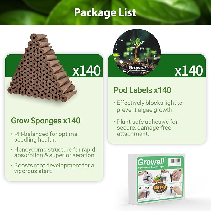 Growell 280Pcs Hydroponic Pods Kit, 140 Grow Sponges with 140 Pod Labels, Hydroponics Supplies, Grower Pods Refill Compatible with AeroGarden & Most Growing System, Seed Starter Pods for Indoor Garden