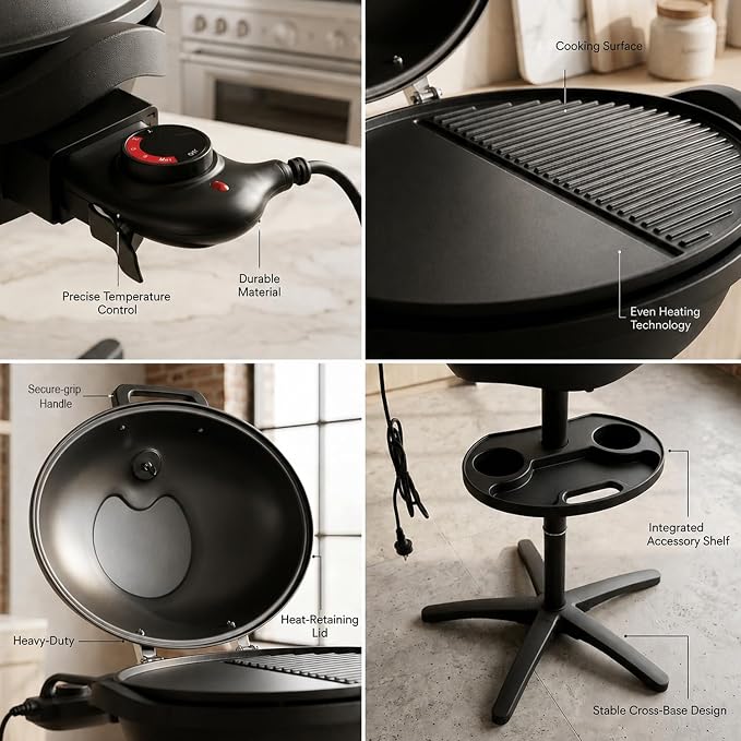 Artestia 1800W Electric Grill, Indoor Outdoor BBQ Grill with Stand, Adjustable Temperature Control, Portable Tabletop Grill for Patio, Balcony & Backyard