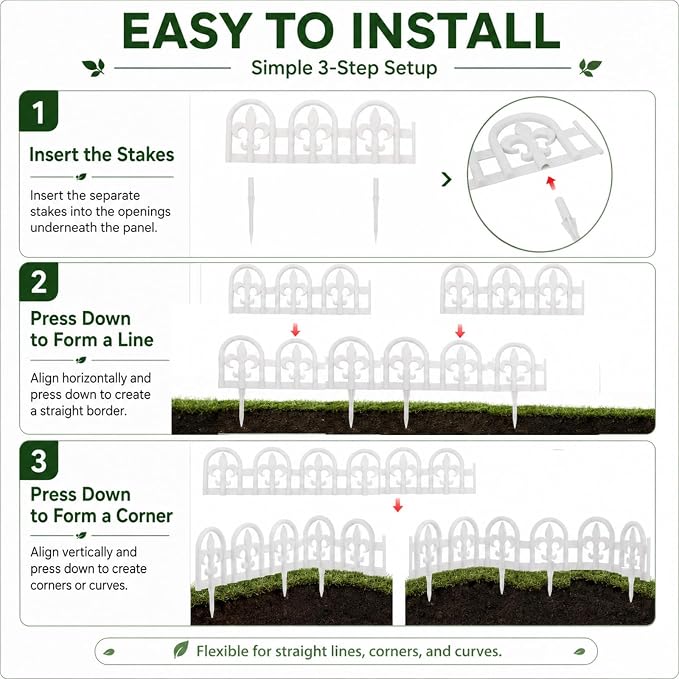 Evelyne White Garden Border Plastic Edging – PP Plastic, Short Metal-Free Wrought Iron Look Design, 27pcs Yard Landscaping Fence Liner Lawn Edge Barrier, 35ft Kit of Decorative Lawn Landscape Panels
